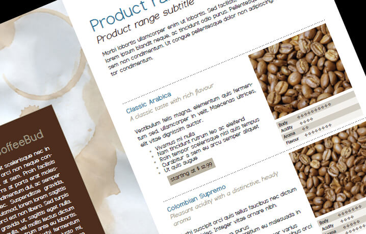 Coffee Product Catalog 8 Pages With Descriptions And Features Table